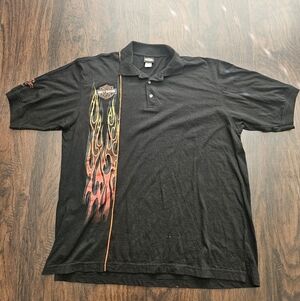 Harley Davidson Polo Shirt Mens XL Black Short Sleeve Flame